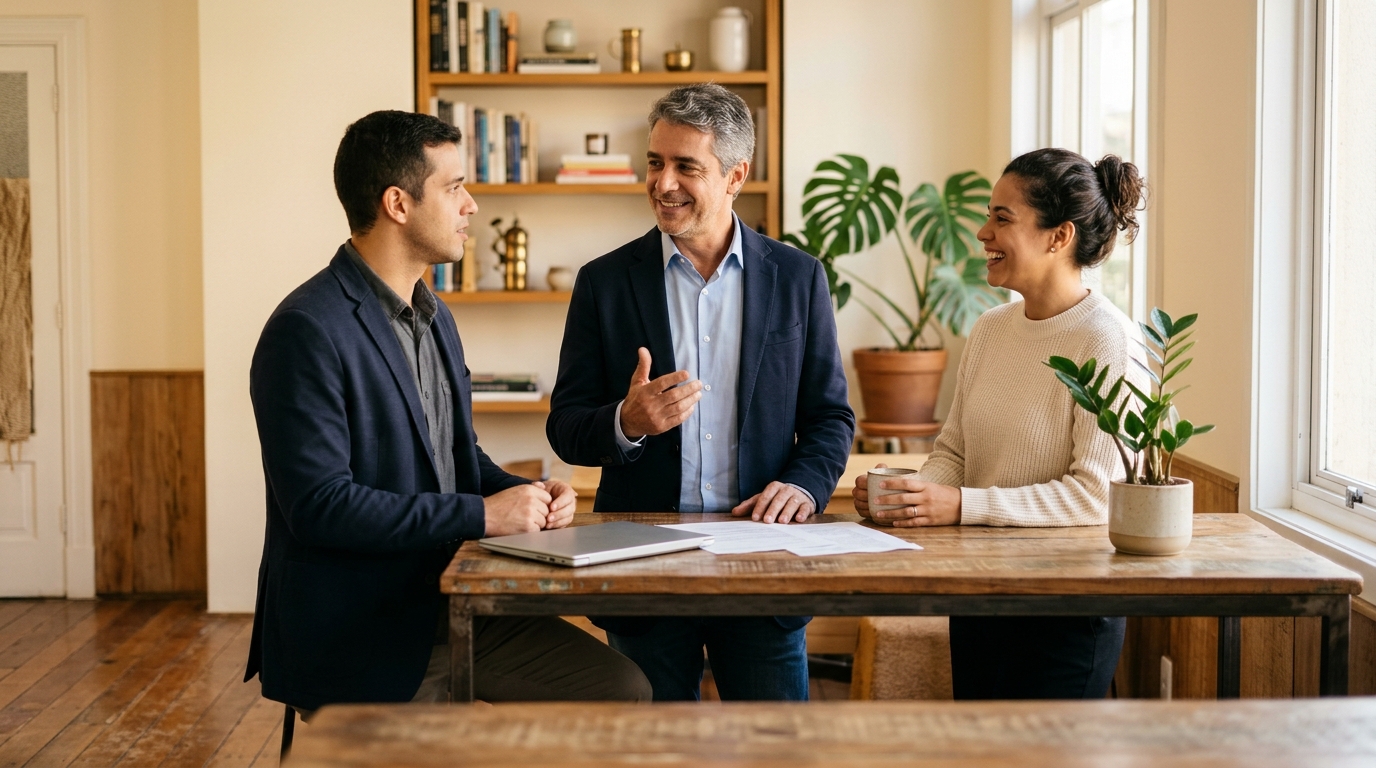 Dono de corretora de camisa social conversa em pé com dois consultores em volta de uma mesa alta com notebook fechado, em escritório com estante e plantas