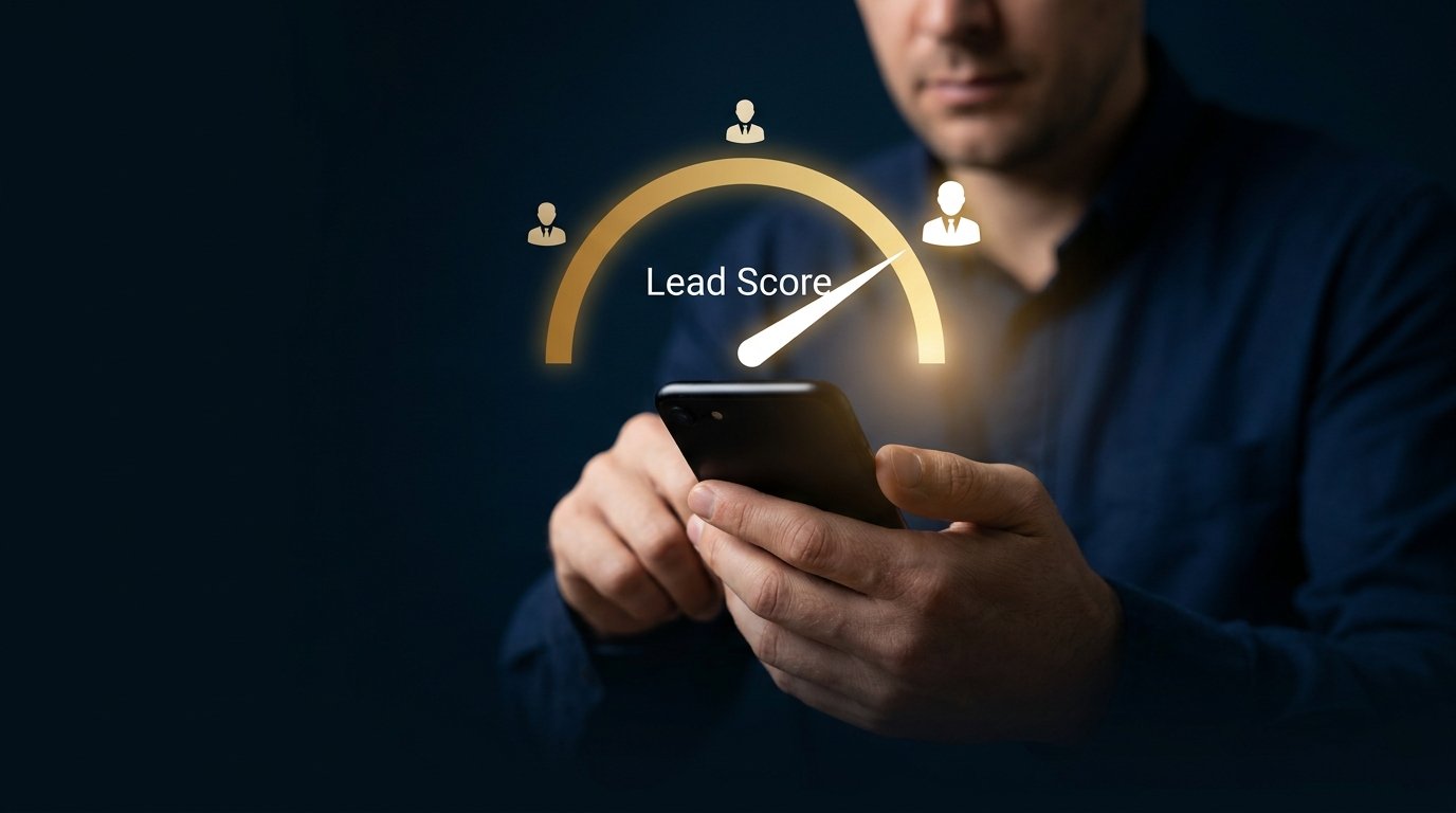 Mãos segurando um celular sobre fundo azul-marinho, com um medidor dourado em arco flutuando acima e o rótulo Lead Score