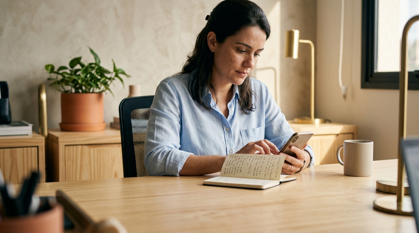 Consultora de camisa azul clara digita uma mensagem no celular enquanto confere um caderno com anotações, em mesa de madeira com luminária de latão