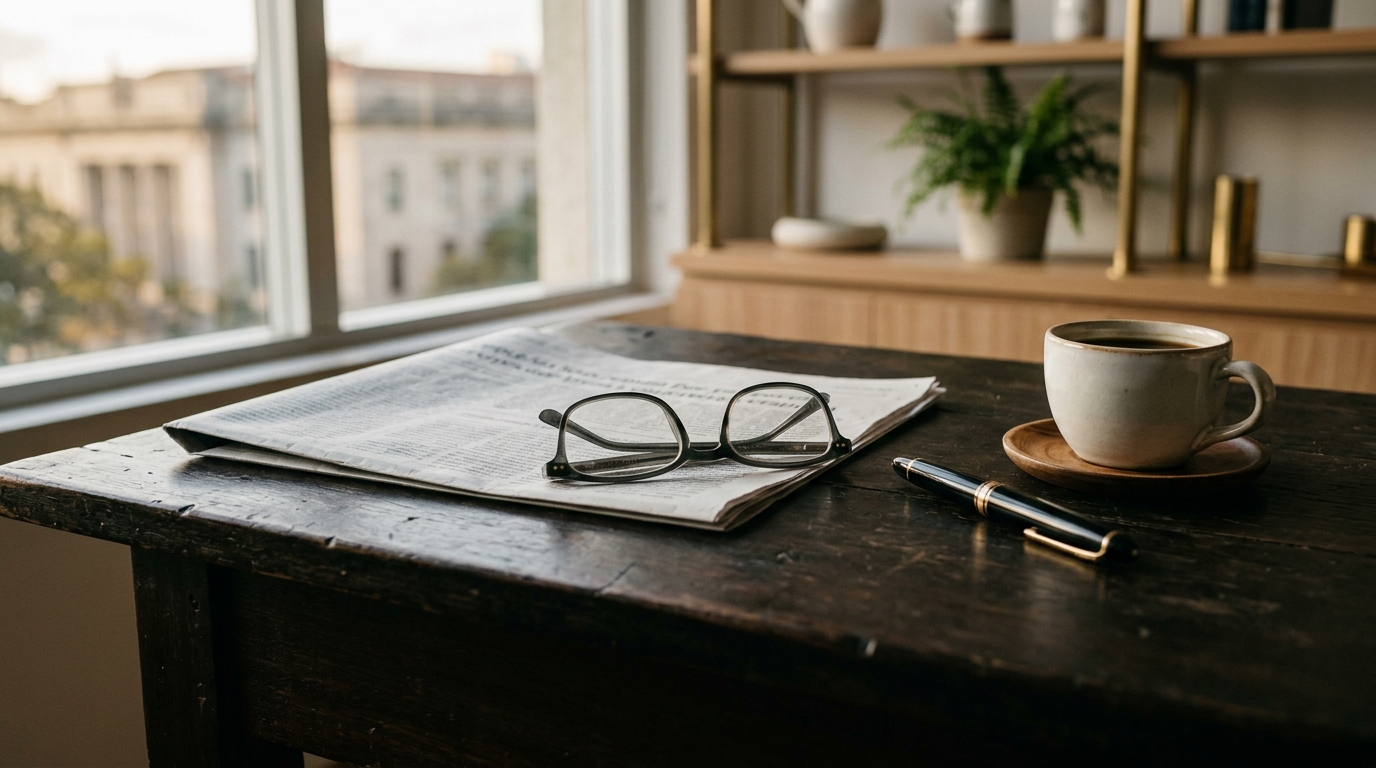 Jornal dobrado com texto desfocado, óculos de leitura, caneta tinteiro e xícara de café sobre uma mesa escura, com prédio institucional pela janela